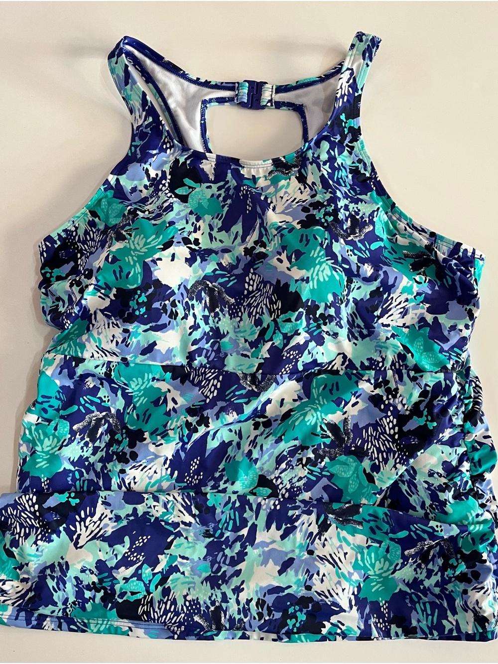 L.L. Bean High Neck Tankini Top Blue Teal Floral size 18